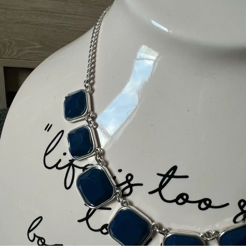 Vintage 2010s Square Cut Navy Blue Stone Bezel Facets Silver Statement Necklace